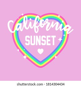 ILLUSTRATION OF A COLORFUL HEART WITH STARS AND TEXT, CALIFORNIA SUNSET TYPOGRAPHY, SLOGAN PRINT VECTOR