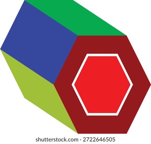 Ilustración del objeto hexagonal colorido del prisma con una cara roja del hexágono, ilustración geométrica de la forma 3D