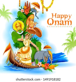 illustration of colorful holiday banner background for Happy Onam religious festival of South India Kerala