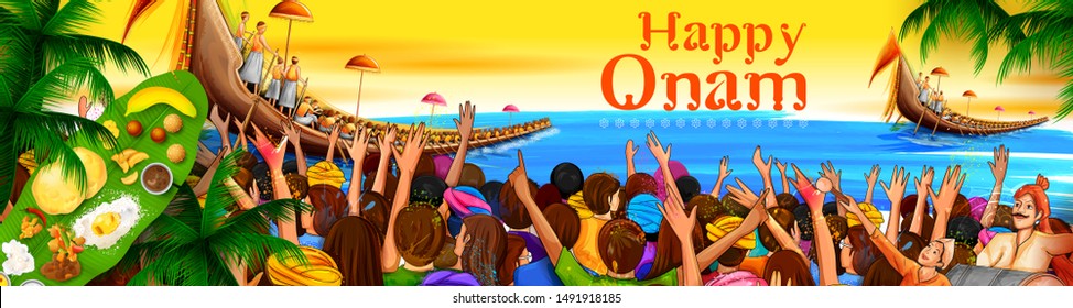 illustration of colorful holiday banner background for Happy Onam religious festival of South India Kerala