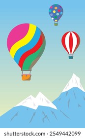 Illustration of colorful hot air balloons floating over snowy mountains, depicting a scenic adventure in a serene sky. Vibrant and minimalistic flat design.