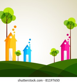 illustration of colorful house with tree on grassland