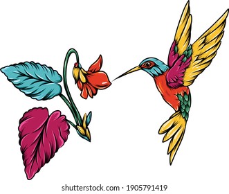 The illustration of the colorful hummingbird with the Hawaii flowers beside 