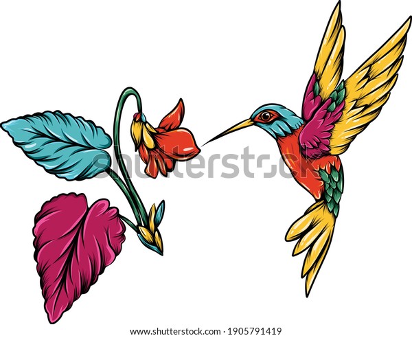 The illustration of the colorful hummingbird with\
the Hawaii flowers beside 