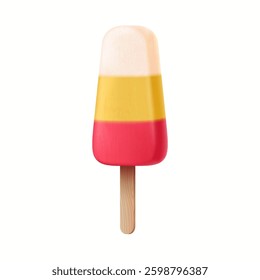 Illustration of a colorful ice cream with three layers in white yellow and red hues on a wooden stick set against a plain white background representing summertime treats.