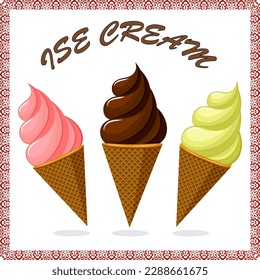 Illustration with colorful ice cream.Vector illustration with colorful ice cream on a transparent background with text and a frame.