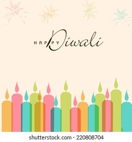 Ilustración de coloridas velas iluminadas con petardos y texto de Diwali.