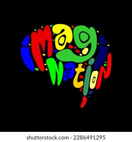 Illustration of the colorful IMAGINATION writing that forms the human brain. Suitable for use as a design for t-shirts and other printing needs.