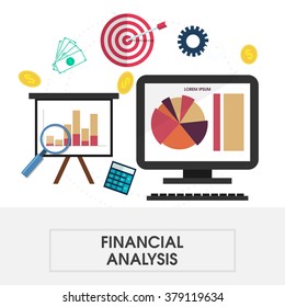Illustration of colorful Infographic elements, graphs and digital device for financial analysis of Business concept.