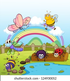 Illustration of colorful insects and rainbow