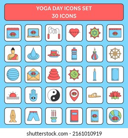 Illustration Of Colorful International Yoga Day 30 Icon Set In Flat Style.