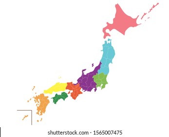 Illustration of a colorful Japan map divided into eight regions.