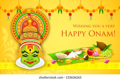 illustration of colorful Kathakali dancer face for Onam celebration