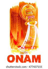 illustration of colorful Kathakali dancer face on grungy background for Happy Onam