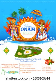 ilustración de la colorida bailarina de Katakali y del rey Mahabali en el fondo del festival Happy Onam de la India meridional Kerala