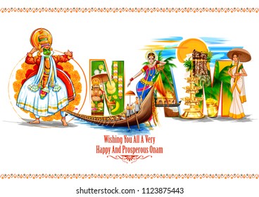 illustration of colorful Kathakali dancer on background for Happy Onam festival of South India Kerala