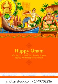 illustration of colorful Kathakali dancer on background for Happy Onam festival of South India Kerala