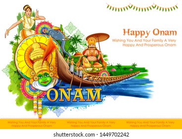 illustration of colorful Kathakali dancer on background for Happy Onam festival of South India Kerala