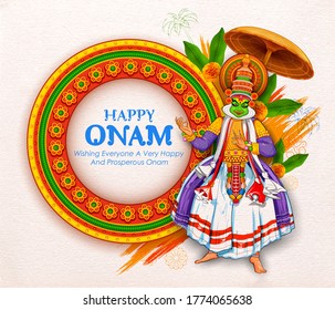 illustration of colorful Kathakali dancer on background for Happy Onam festival of South India Kerala