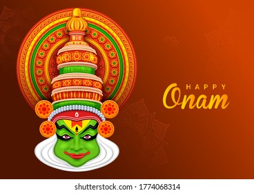 illustration of colorful Kathakali dancer on background for Happy Onam festival of South India Kerala