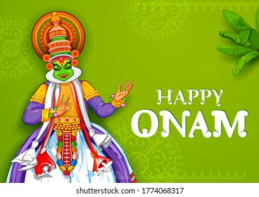 illustration of colorful Kathakali dancer on background for Happy Onam festival of South India Kerala