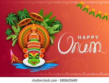 illustration of colorful Kathakali dancer on background for Happy Onam festival of South India Kerala