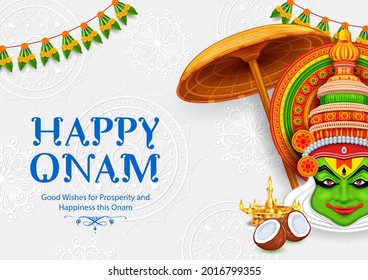 illustration of colorful Kathakali dancer on background for Happy Onam festival of South India Kerala