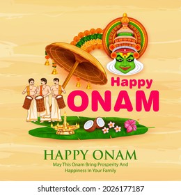 illustration of colorful Kathakali dancer on background for Happy Onam festival of South India Kerala