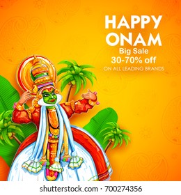 illustration of colorful Kathakali dancer on advertisement and promotion background for Happy Onam festival of South India Kerala