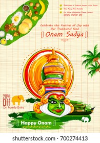 illustration of colorful Kathakali dancer on background for Happy Onam festival of South India Kerala