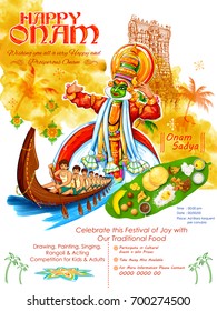 illustration of colorful Kathakali dancer on background for Happy Onam festival of South India Kerala