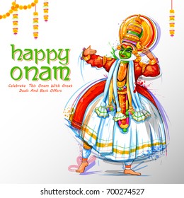 illustration of colorful Kathakali dancer on advertisement and promotion background for Happy Onam festival of South India Kerala