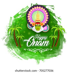 illustration of colorful Kathakali dancer on advertisement and promotion background for Happy Onam festival of South India Kerala