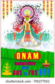 illustration of colorful Kathakali dancer on advertisement and promotion background for Happy Onam festival of South India Kerala