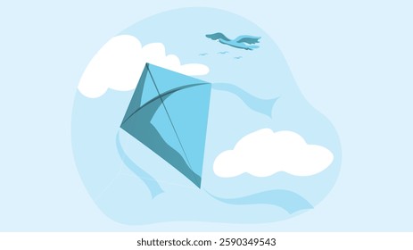 illustration of a colorful kite soaring high in the sky, carried by the wind against a backdrop of fluffy clouds