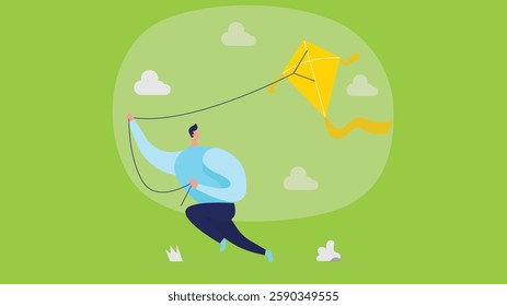 illustration of a colorful kite soaring high in the sky, carried by the wind against a backdrop of fluffy clouds