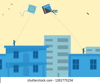 Illustration of colorful kites flying boys on buildings for festival of India