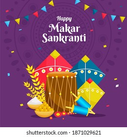 Illustration Of Colorful Kites, String Spools, Wheat Ear, Indian Sweet (Laddu), Rice Bowl And Drum (Dholak) On Purple Background For Happy Makar Sankranti.