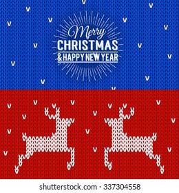 Illustration of colorful knitted banners with Merry Christmas and Happy New Year lettering. Christmas calligraphy background. Vector Xmas postcards with deers. Happy holidays!