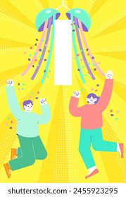 Illustration of colorful kusudama with a hanging banner with copy space and a man and woman jumping for joy, radial sunburst background