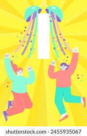Illustration of colorful kusudama with a hanging banner with copy space and women jumping for joy, radial sunburst background