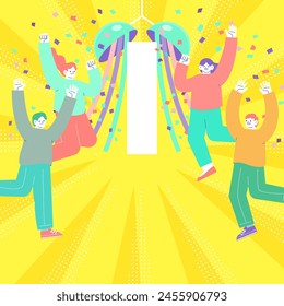 Illustration of colorful kusudama with hanging banners and a group of men and women jumping for joy, radial sunburst background