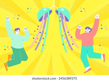 Illustration of colorful kusudama and a man and woman jumping with joy on a radial sunburst background