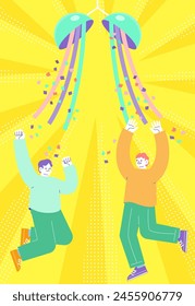 Illustration of colorful kusudama and two happy men jumping with radial sunburst background