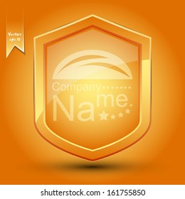 illustration of colorful label shields with a blue frame on blue background