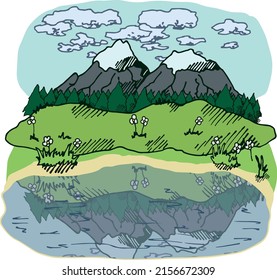 Illustration of a colorful landscape of a lake in the mountains. Exploring nature, mountains, forest, hills, reflection. For your design