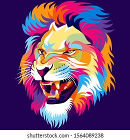 Illustration of colorful lion, angry expression, dark background. - Vector.
