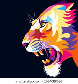 Illustration of colorful lion, angry expression, dark background. - Vector.
