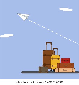 An illustration of colorful luggage with paper plane on the background.