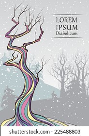 Illustration of colorful magic tree in winter. There are trees, hills and a small rabbit. It is snowing. This illustration can be used as a poster or greeting card ( new year) or book cover.